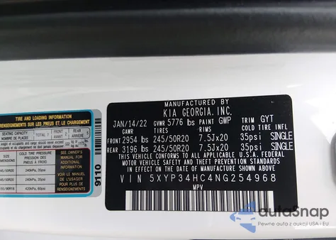 2022 Kia Telluride Ex z USA, uszkodzony, nr VIN 5XYP34HC4NG254968